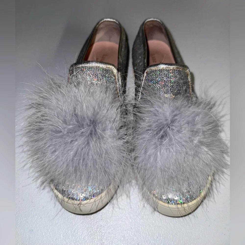 Kate Spade Latina Silver Leather Sequin Feather Pom Shoes Size 6M